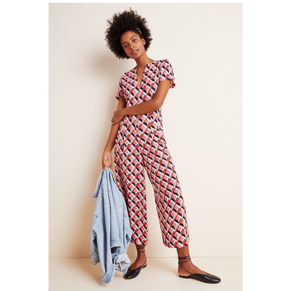 Anthropologie TP jumpsuit women’s sizeXS geometric pattern tiny metallic details